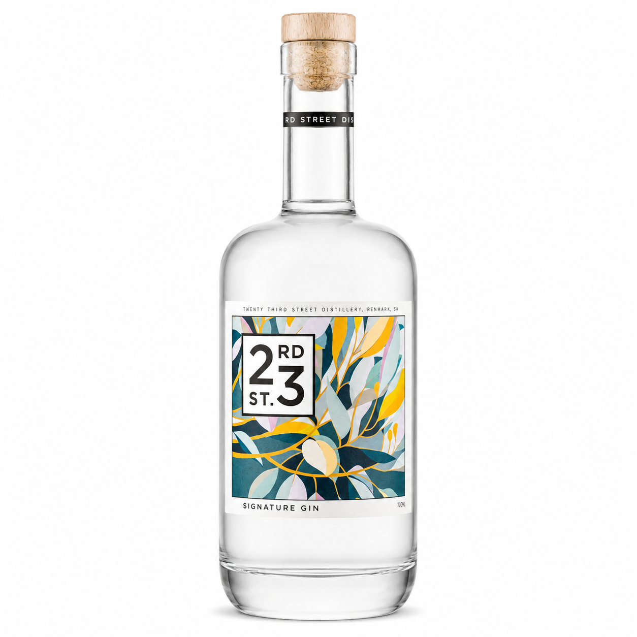 A clear glass bottle of 2nd St. Signature Gin with a cork stopper, featuring a colorful botanical label with yellow, teal, and white leaves on a clean white background.