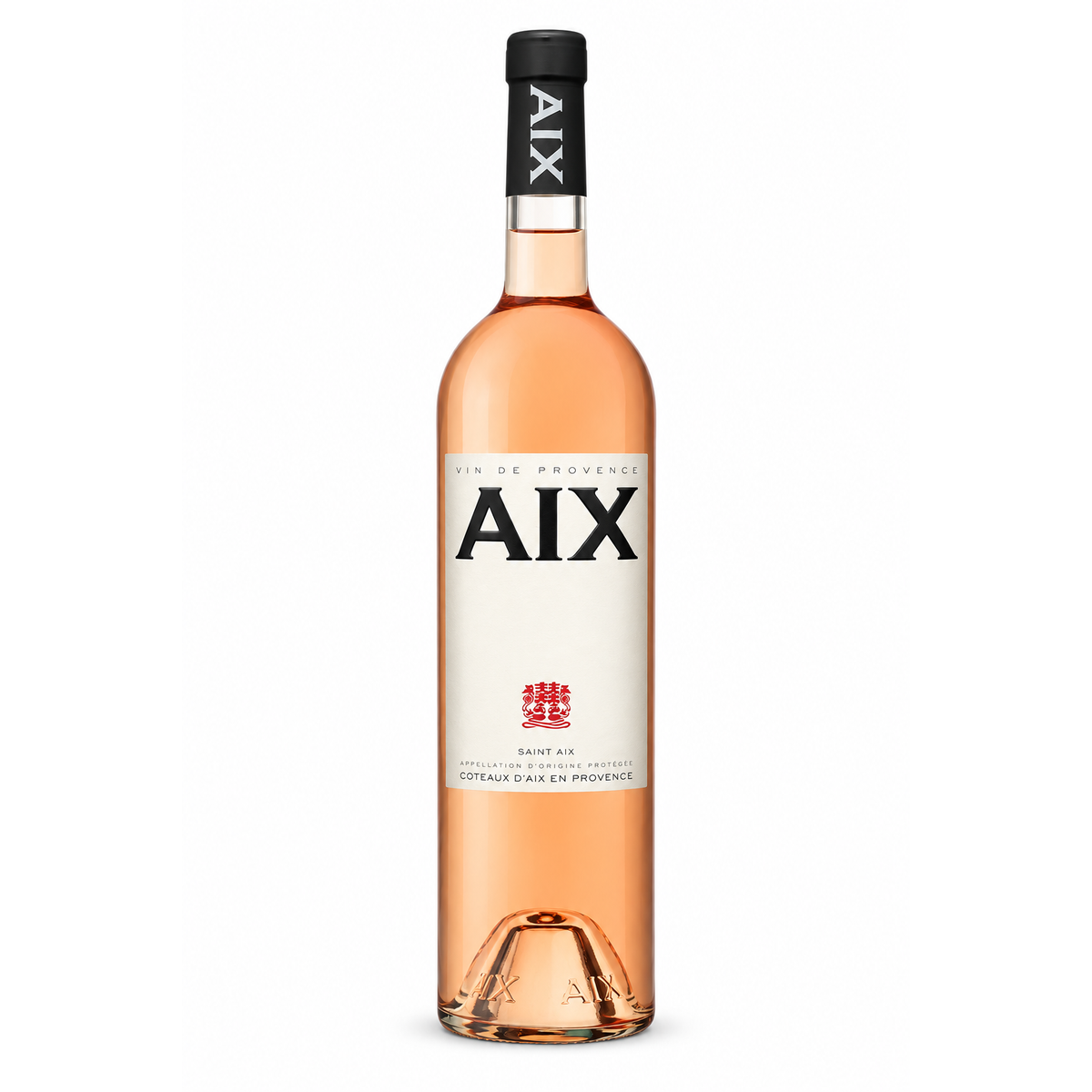 A bottle of AIX Rosé Pink wine, showing the peach-colored liquid inside a clear glass bottle with a cream-colored label and a black neck capsule.