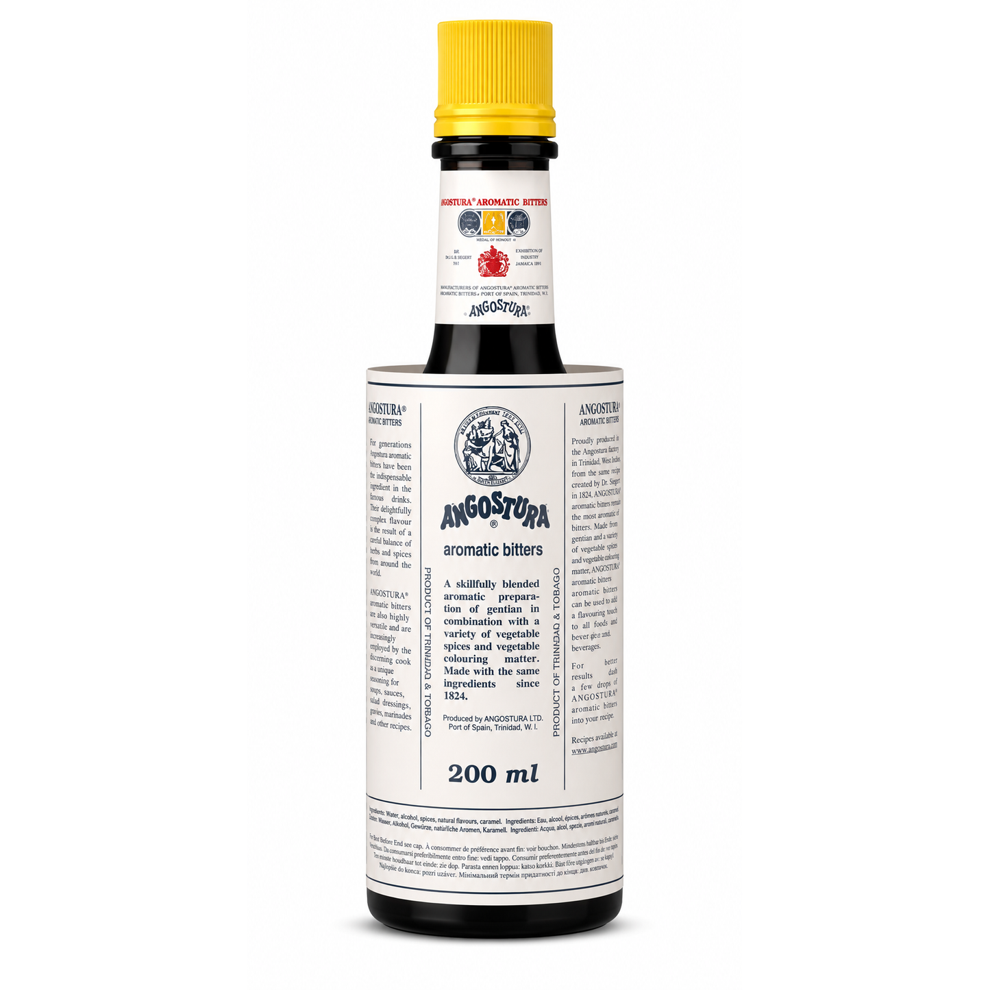 A 200 ml bottle of Angostura aromatic bitters with a yellow cap and a white label featuring black text and a blue brand logo, set against a plain white background.