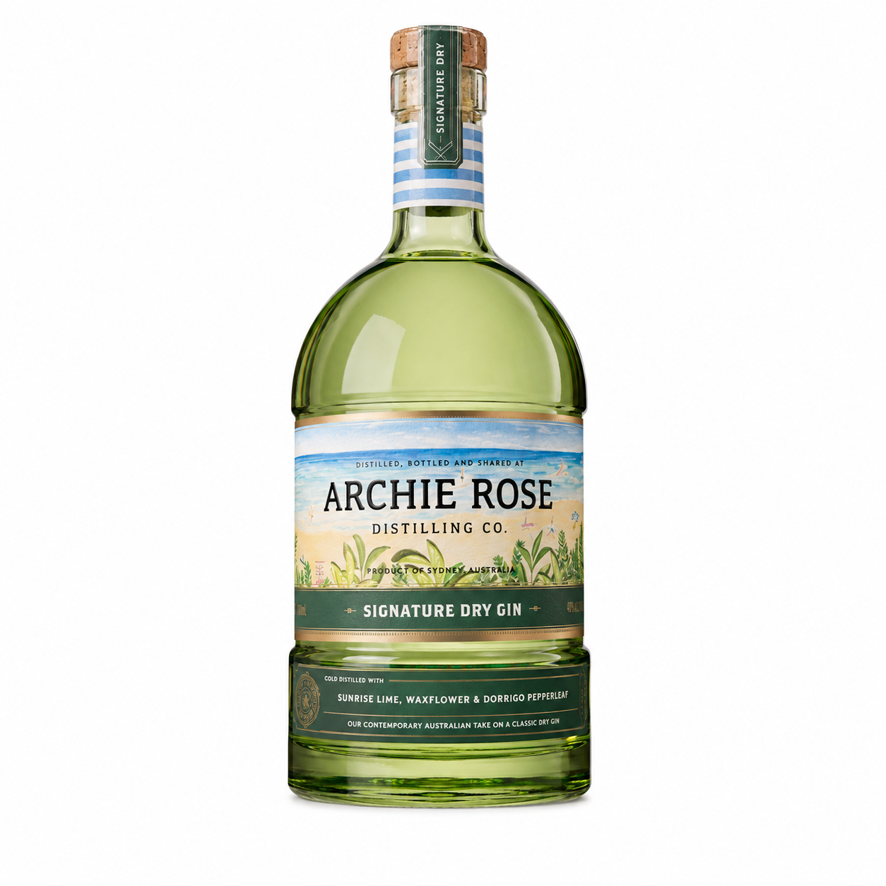 A bottle of Archie Rose Distilling Co. Signature Dry Gin on a solid white background.