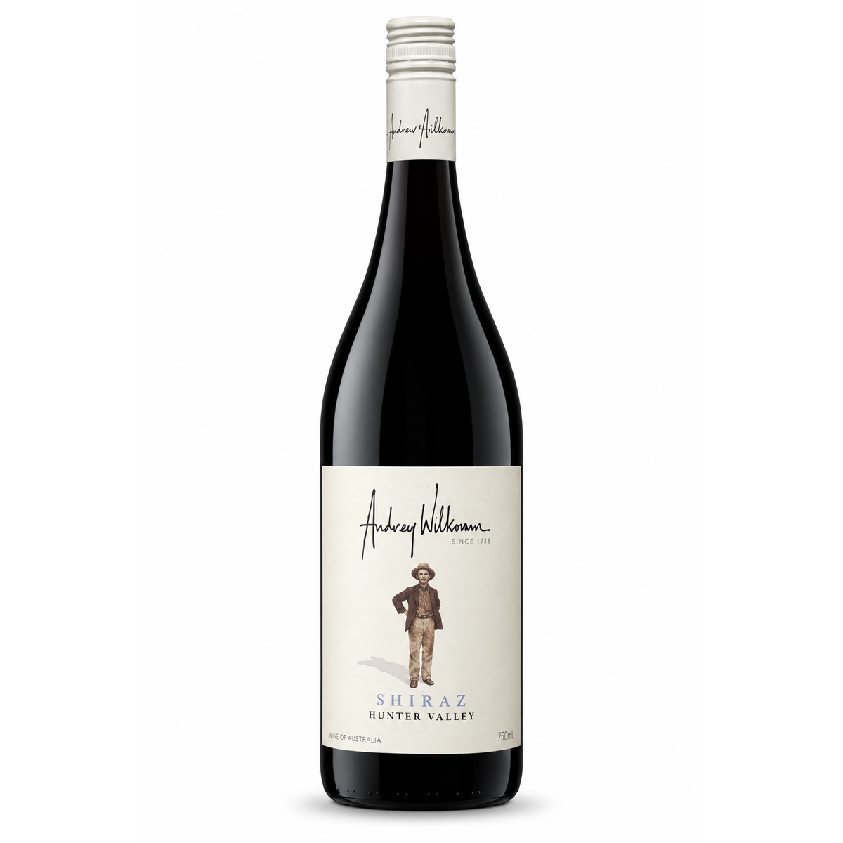 A bottle of Andrew Williamson Shiraz Hunter Valley red wine, featuring a dark glass bottle with a cream-colored label and a white screw cap, set against a plain white background.