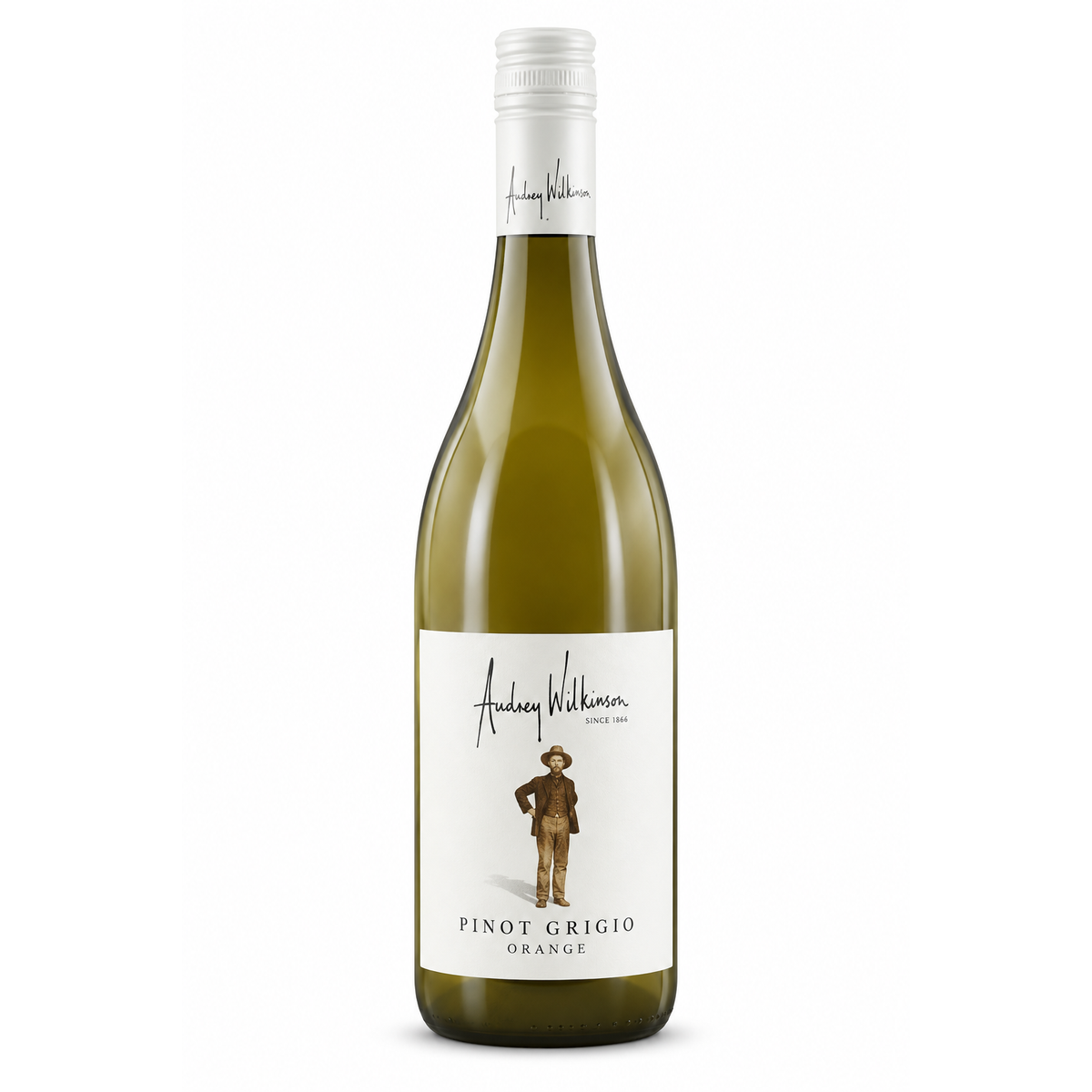 A bottle of Audrey Williamson Pinot Grigio Orange white wine, featuring a white label with a cowboy illustration and a greenish-yellow wine liquid inside, set against a plain white background.
