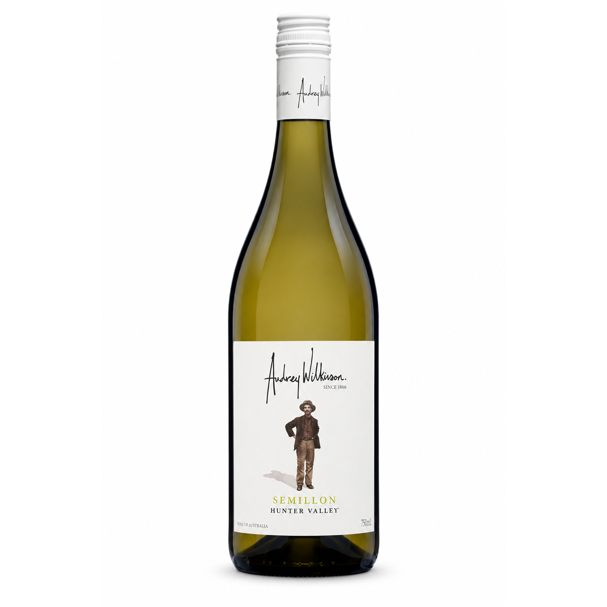 A bottle of Audrey Williamson Semillon Hunter Valley white wine, featuring a white label with a cowboy illustration and a green glass bottle, set against a plain white background.