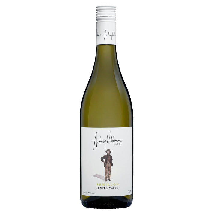 A bottle of Audrey Wilkinson Semillon wine with a white label featuring a black and white illustration of a man.