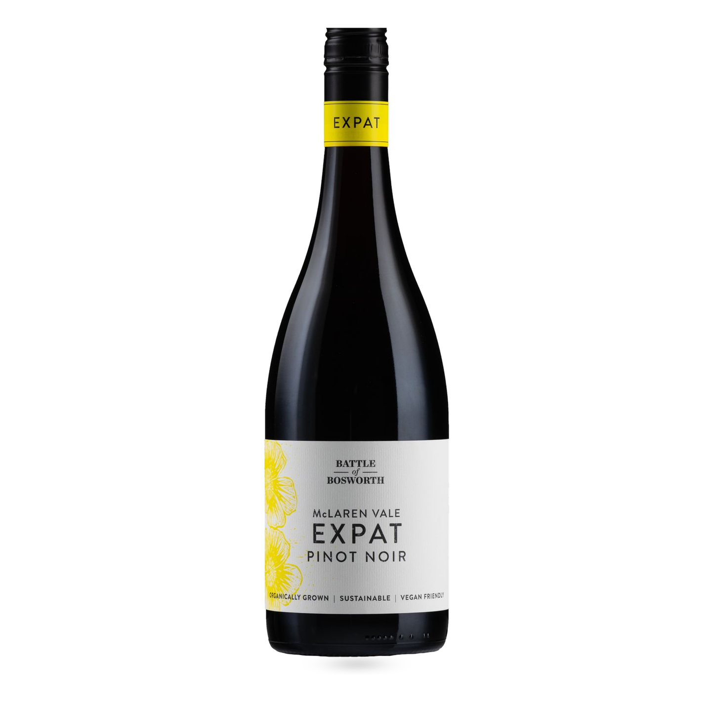 A bottle of Battle of Bosworth Expat Pinot Noir red wine from McLaren Vale, featuring a dark glass bottle, a black cap, a yellow neck label, and a white label with yellow floral accents, set against a plain white background.