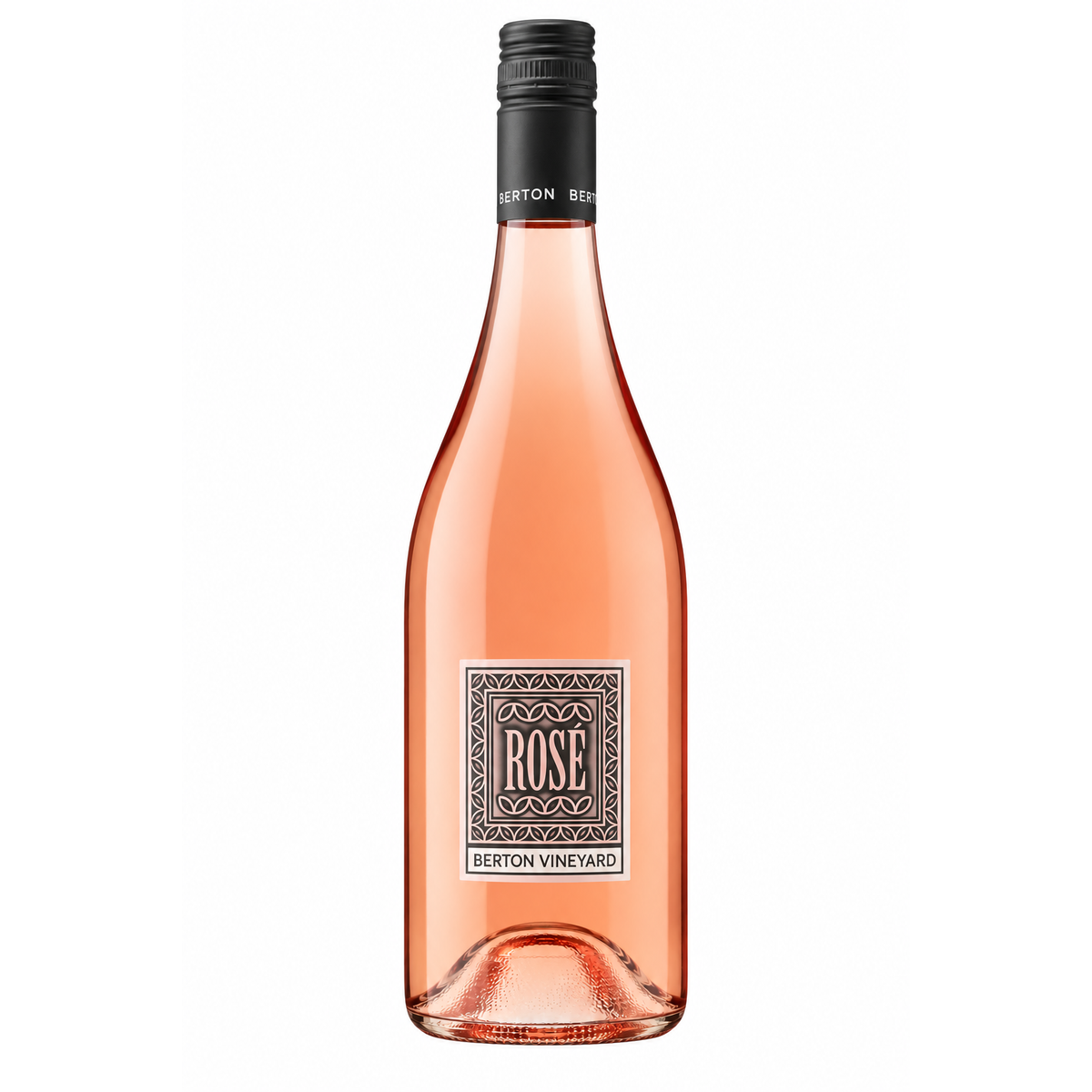A bottle of Berton Vineyard Rose wine with a pale pink liquid, a black screw cap, and a decorative black and white label, shown against a plain white background.