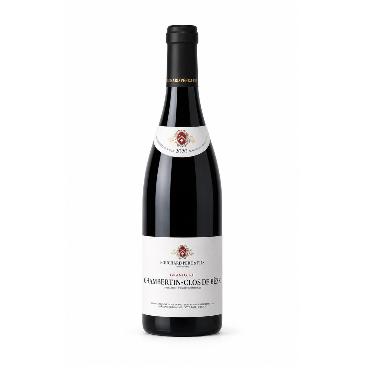 A bottle of Bouchard Père & Fils Chambertin-Clos de Beze Grand Cru red wine, featuring a dark glass bottle with a black capsule and a white label, set against a plain white background.
