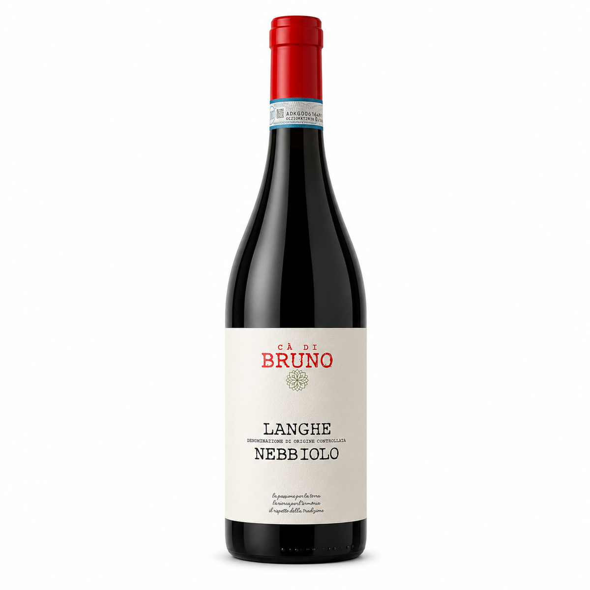 A bottle of Ca' del Bruno Langhe Nebbolo red wine, featuring a dark glass bottle with a cream-colored label and a red foil capsule at the neck, set against a plain white background.