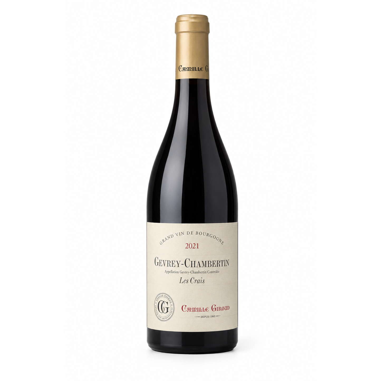 A bottle of Crainville-Goncourt Gevrey-Chambertin Les Crau 2021 Grand Vin de Bourgogne red wine, featuring a dark glass bottle with a gold foil top and a cream-colored label.