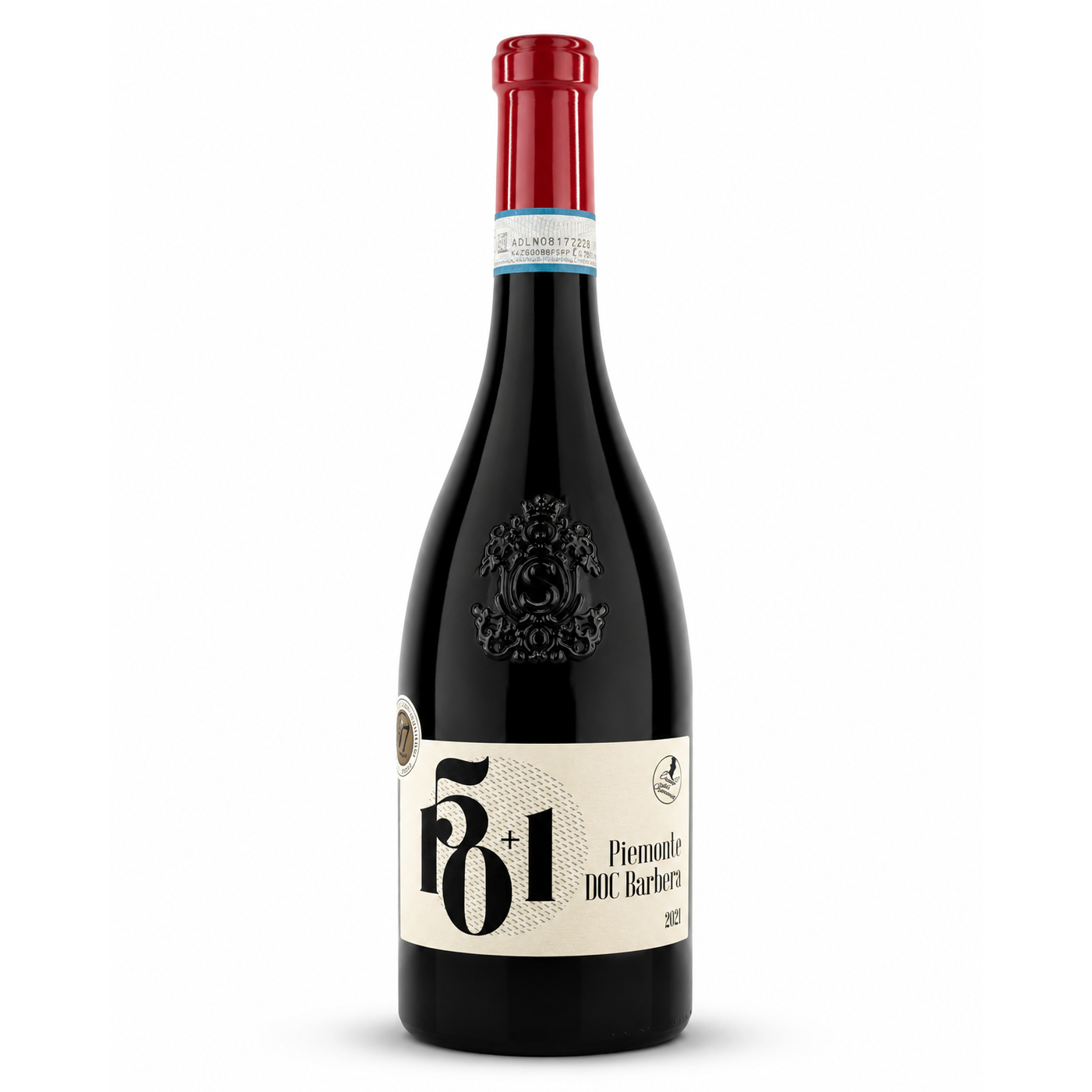 A bottle of 150+1 Piemonte DOC Barbera red wine, featuring a dark glass bottle with a cream-colored label and a red foil capsule, set against a plain white background.