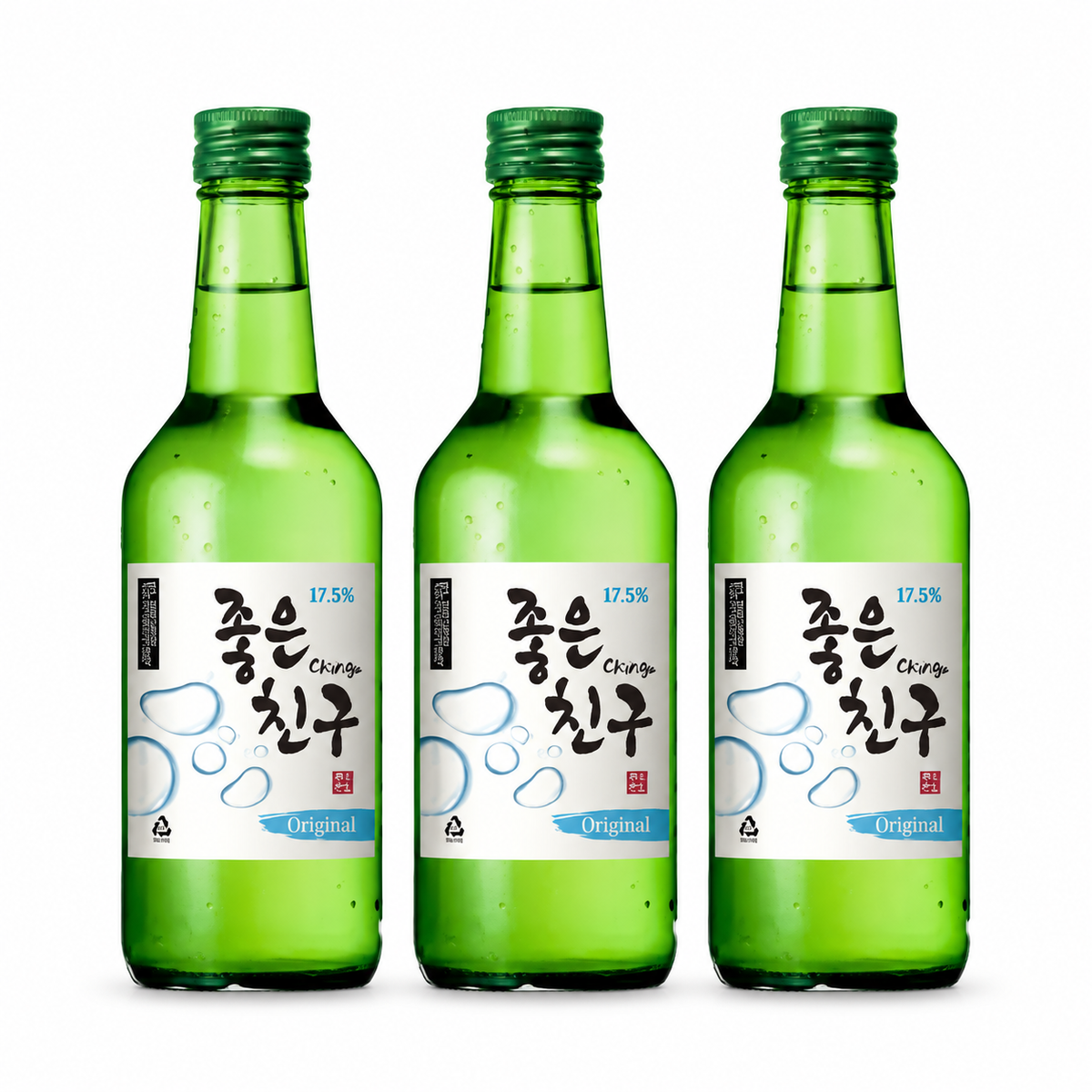 Three green glass bottles of Korean soju liquor with white labels and green caps, arranged side by side on a white background.