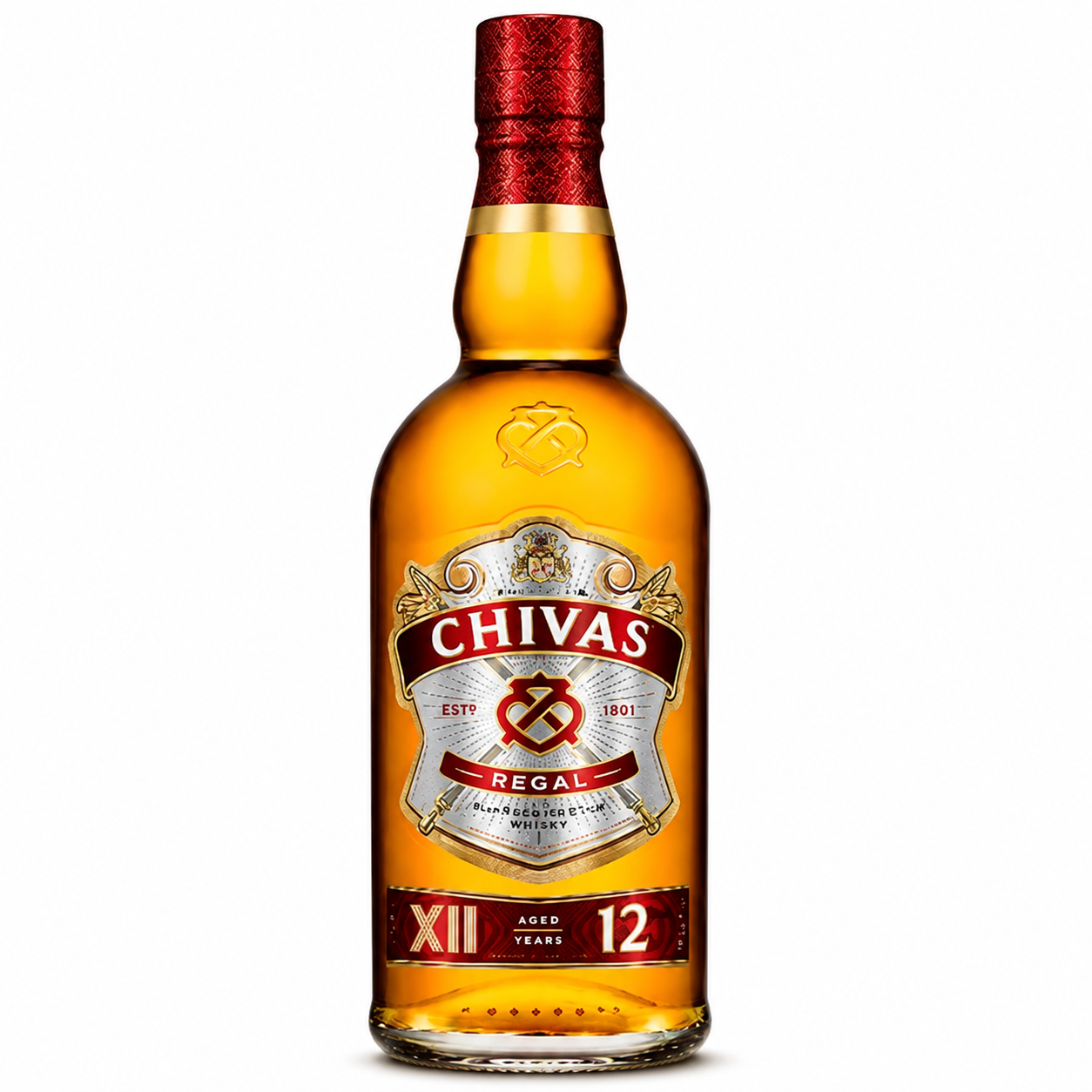 A bottle of Chivas Regal 12 Year Old Aged Whiskey on a solid white background. The bottle is filled with golden amber liquor, featuring a detailed white and red label with gold accents, and a metallic red cap.