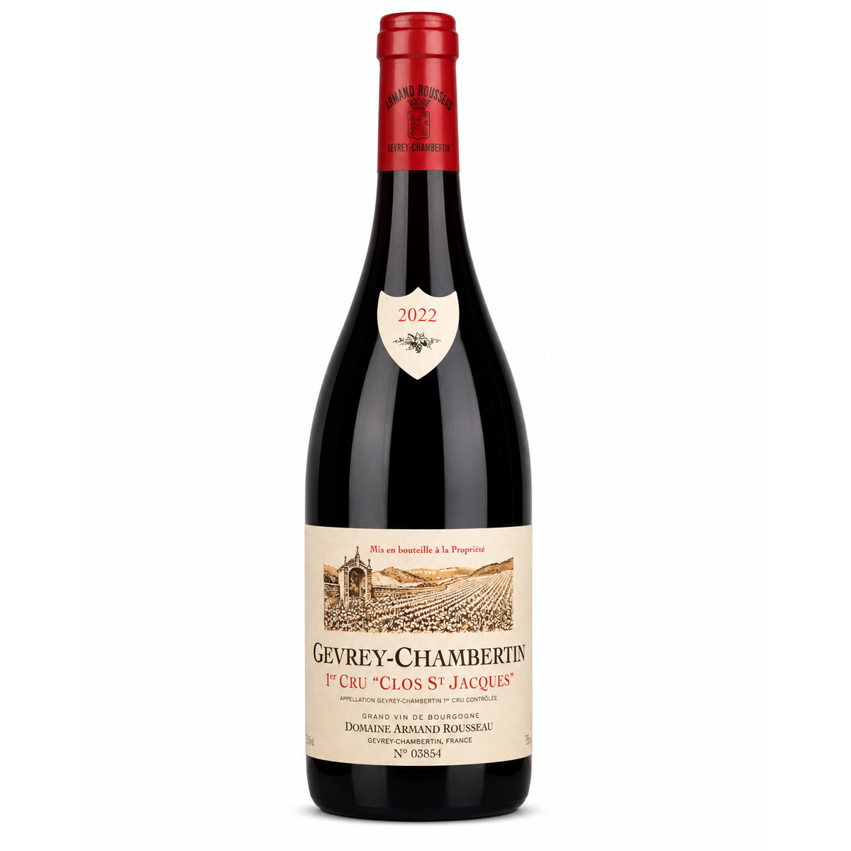 A bottle of Geyrey-Chambertin 1er Cru 'Clos St-Jacques' red wine, featuring a dark glass bottle with a red wax seal and a beige label, set against a plain white background.