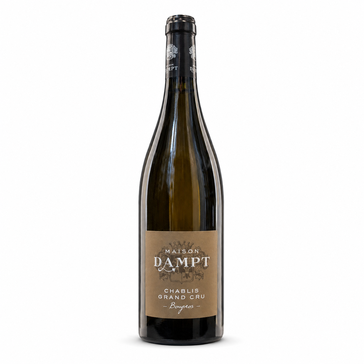 A bottle of Maison Dampt Chablis Grand Cru white wine, featuring a dark glass bottle with a tan label and black foil, set against a plain white background.
