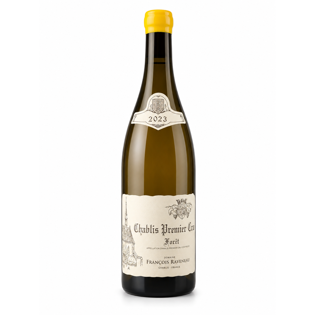A bottle of Chablis Premier Cru French wine by François Ravensnar, featuring a dark green glass bottle with a bright yellow capsule and cream-colored labels.