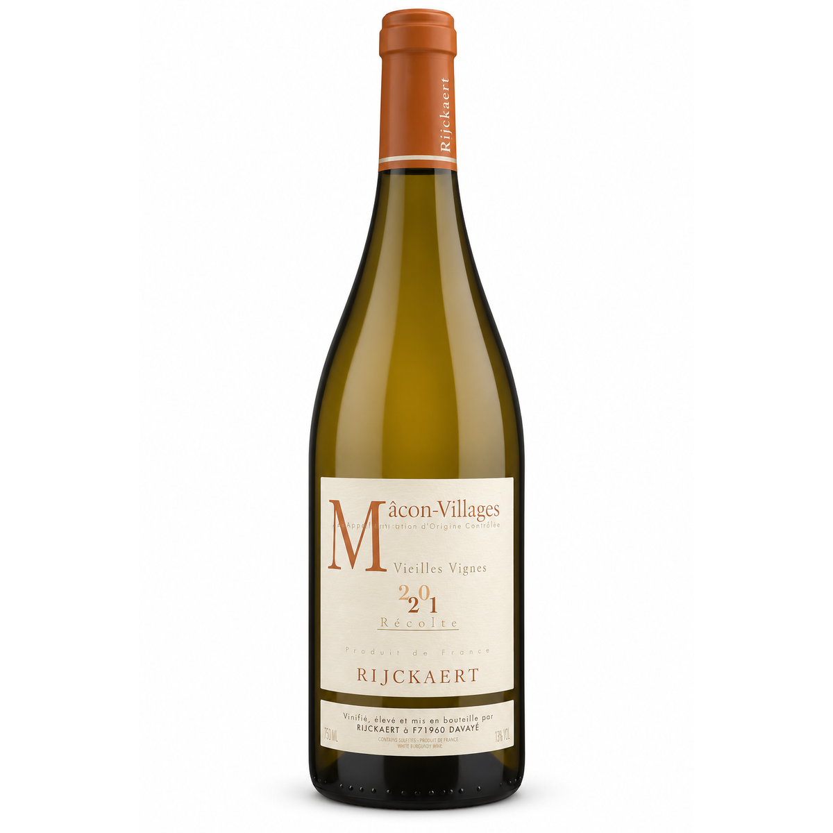 A bottle of Mâcon-Villages 2021 Virelles Vignes white wine by Rijckaert, featuring a dark olive-green glass bottle, a cream-colored label with brown lettering, and a terracotta-colored foil capsule at the neck, set against a plain white background.