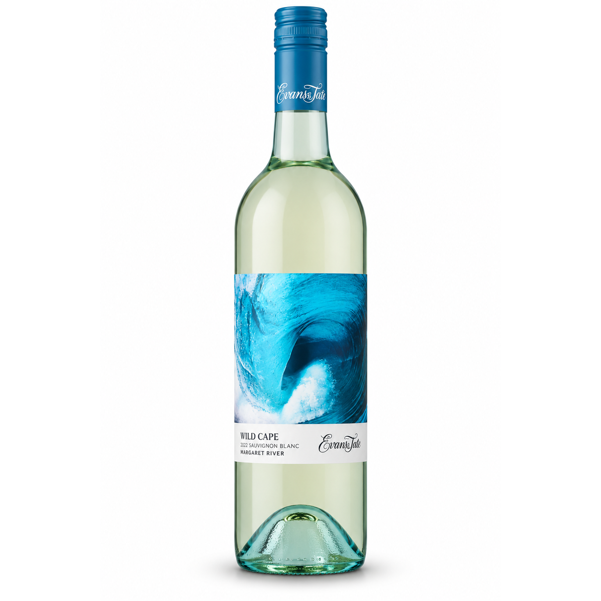 A bottle of Evans & Tate Wild Cape 2024 Sauvignon Blanc white wine, featuring a blue abstract wave label and a blue foil capsule on a white background.