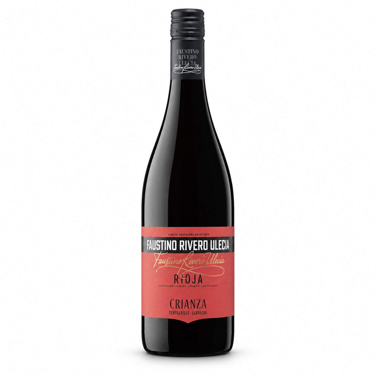 A bottle of Fausto Rivero Ulecia Rioja red wine, featuring a black glass bottle with a black screw cap and a red label with black and gold text, set against a plain white background.