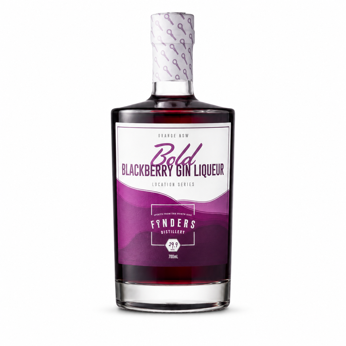 A bottle of Bold Blackberry Gin Liqueur by Fnders Distillery, featuring a dark glass bottle with a white and purple label and a patterned white neck seal, set against a plain white background.
