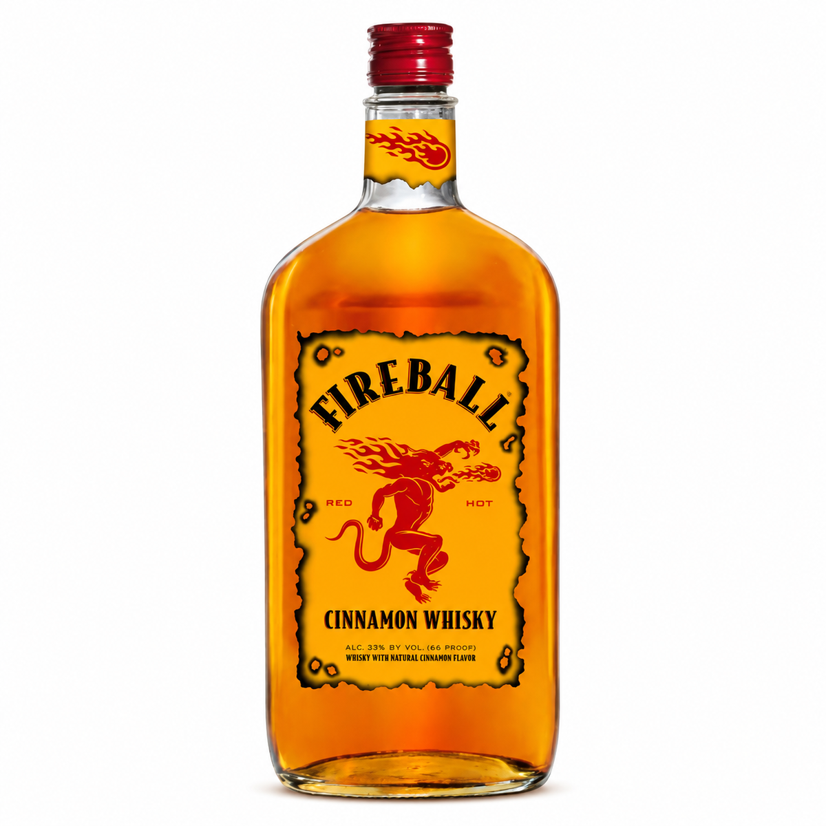 A bottle of Fireball Cinnamon Whisky with a red cap and a yellow-orange label featuring the iconic red fireball logo, shown on a plain white background.