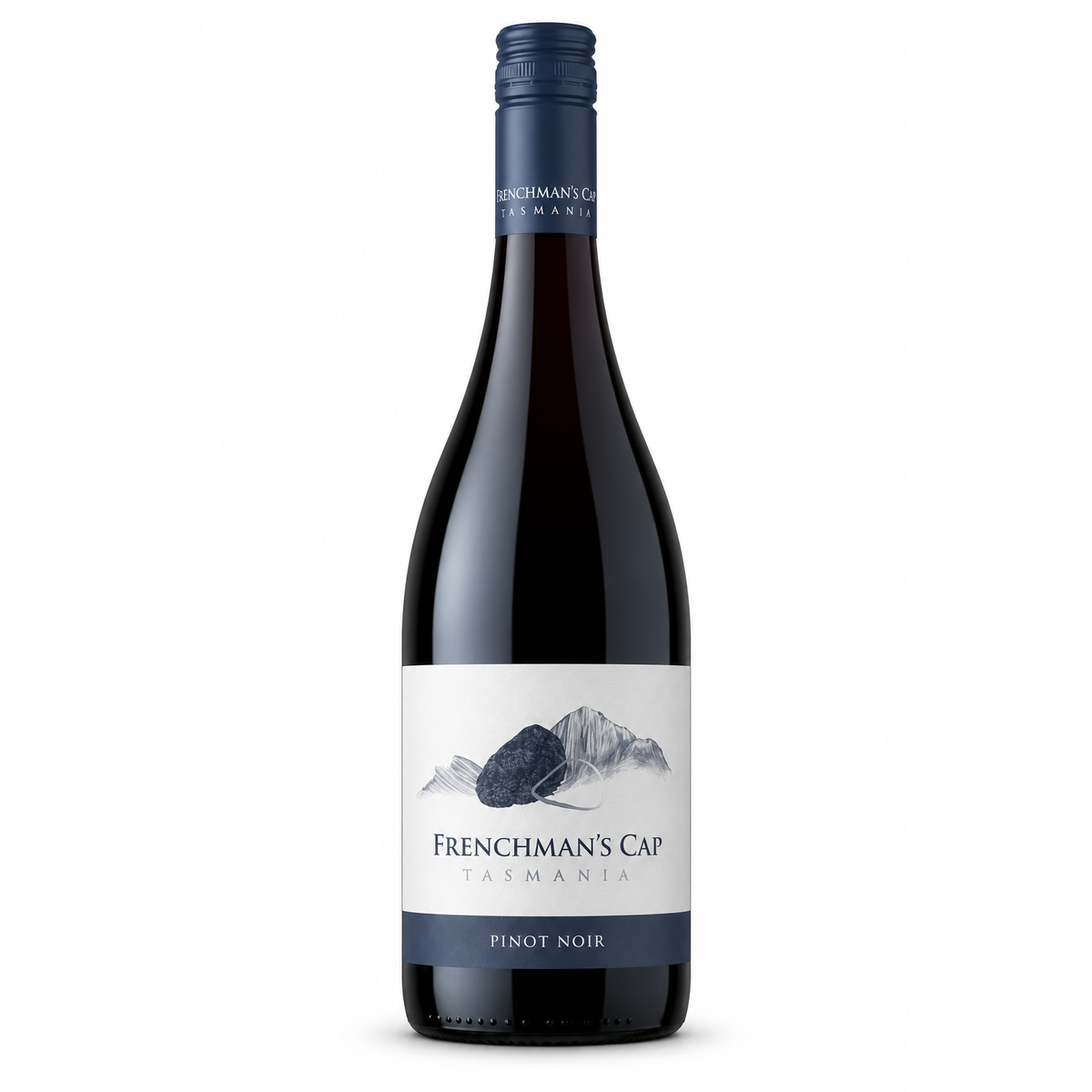 A bottle of Frenchman's Cap Pinot Noir red wine from Tasmania, featuring a dark glass bottle, a dark blue foil capsule, and a white label with a minimalist mountain illustration.