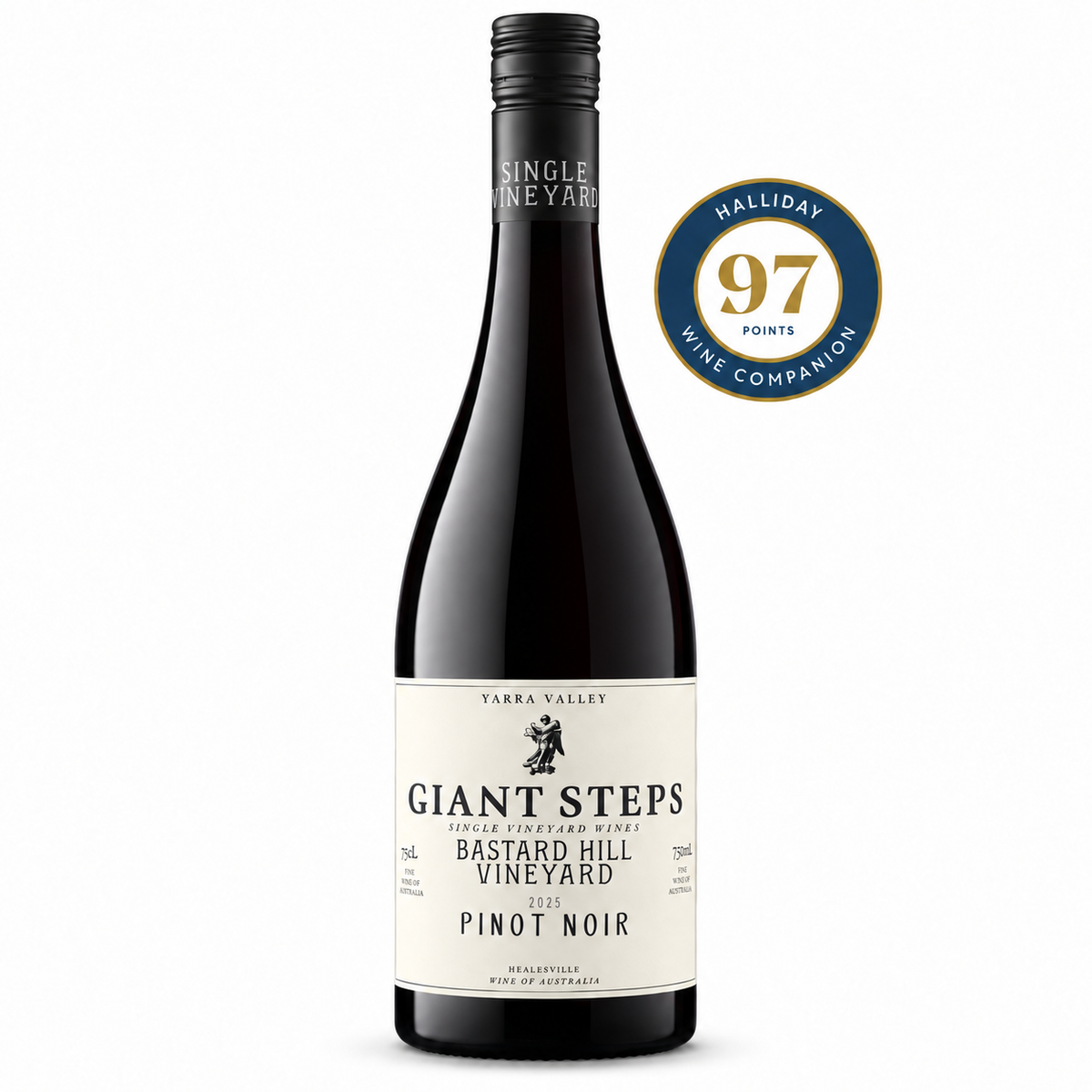 A bottle of Giant Steps Pinot Noir red wine from Yarra Valley, featuring a cream-colored label and a black neck capsule. A blue and gold Halliday 97 Points Wine Companion badge is displayed to the right of the bottle on a clean white background.