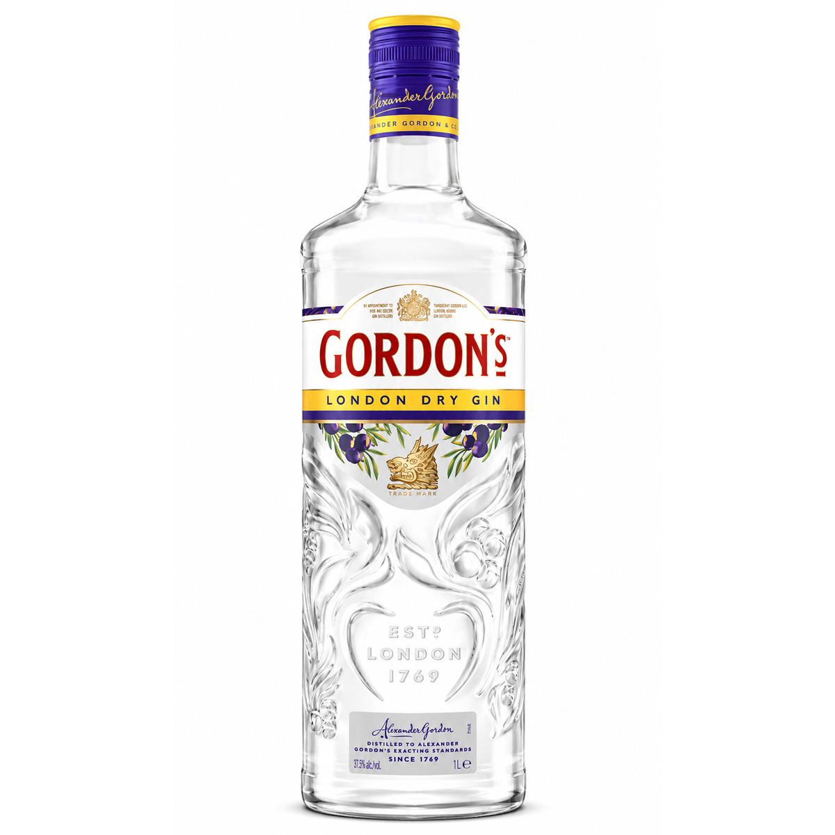 A bottle of Gordon's London Dry Gin on a plain white background. The clear glass bottle features an embossed heart design on the lower half, a white label with red and yellow lettering, and a purple cap.