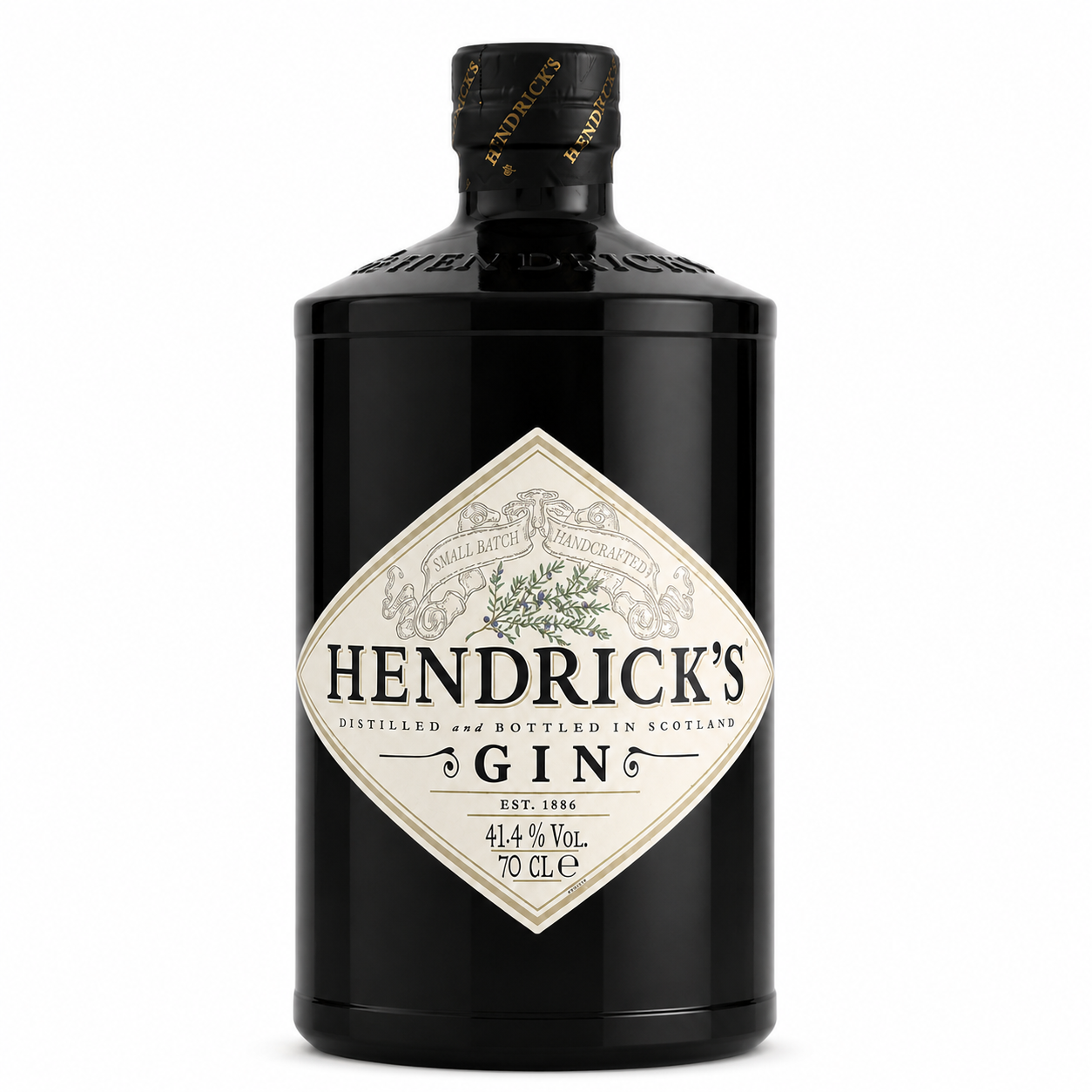 A bottle of Hendrick's Gin on a plain white background. The bottle is black glass with a large cream-colored diamond-shaped label featuring the brand name 'HENDRICK'S' and 'GIN' in black text, along with botanical illustrations.