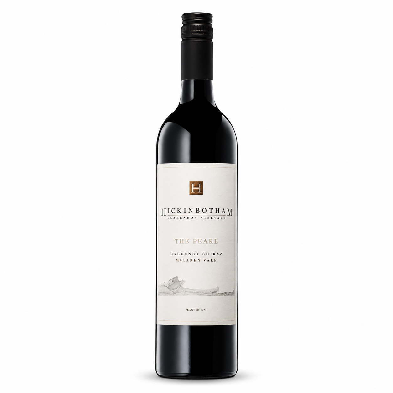 A bottle of Hickinbothum The Peake Cabernet Shiraz from McLaren Vale, featuring a dark glass bottle with a cream-colored label and a black screw cap, set against a plain white background.