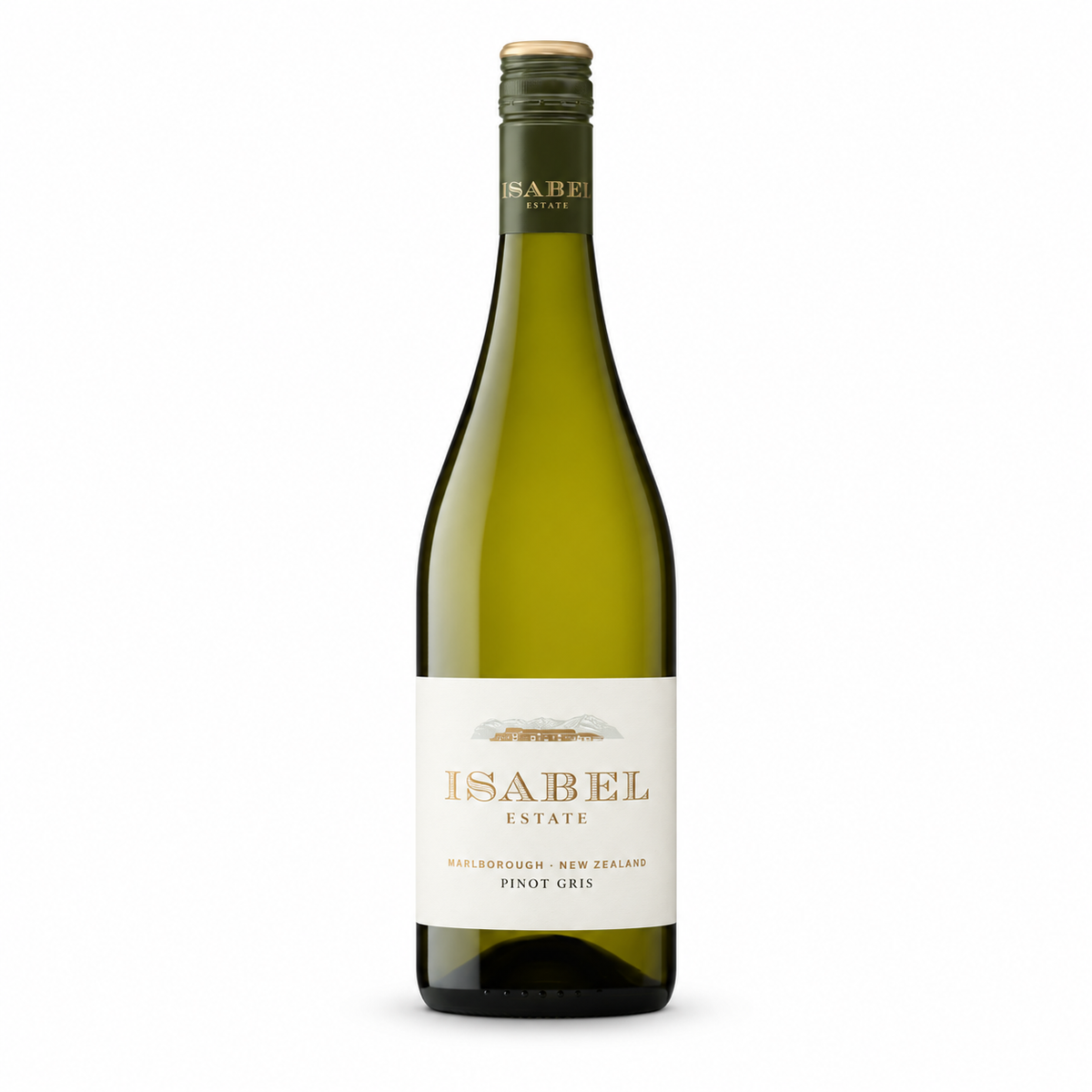 A bottle of Isabel Estate Malborough New Zealand Pinot Gris white wine, featuring a dark green glass bottle, a cream-colored label with gold lettering, and a dark green neck label with a gold screw cap, set against a plain white background.