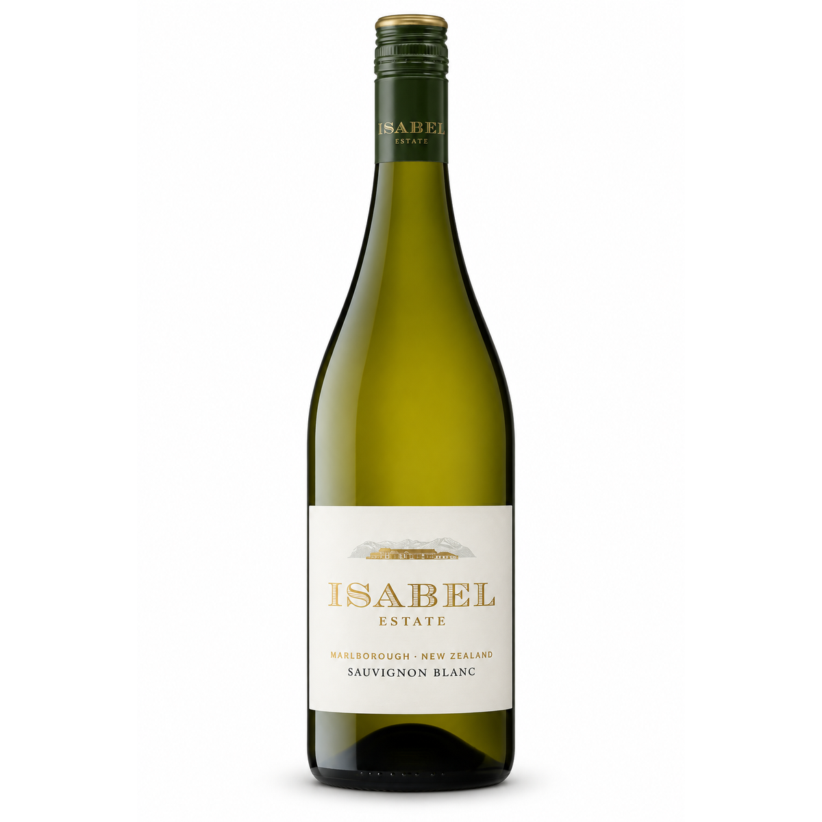 A bottle of Isabel Estate Marlborough New Zealand Sauvignon Blanc white wine, featuring a dark green glass bottle with a cream-colored label and gold lettering.