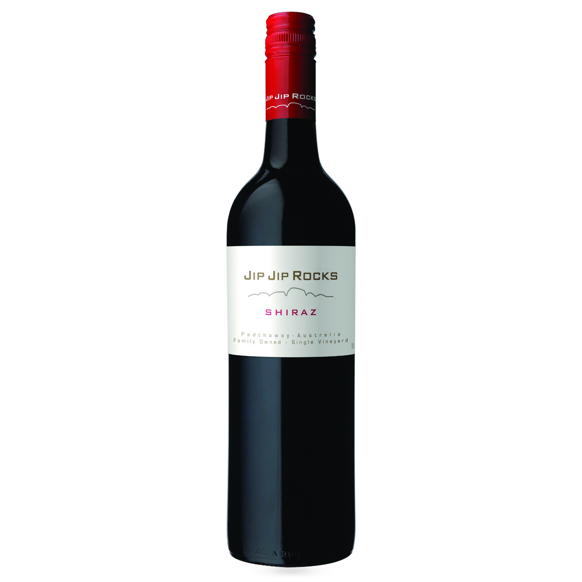 A bottle of Jip Jip Rocks Shiraz red wine, featuring a dark glass bottle with a white label and a red foil cap, isolated on a white background.