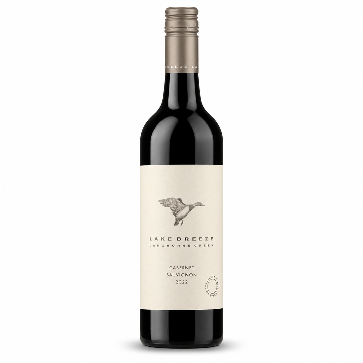 A bottle of Lake Breeze Langhorne Creek Cabernet Sauvignon 2022, featuring a dark glass bottle with a cream-colored label and a metallic silver foil capsule at the neck, set against a plain white background.