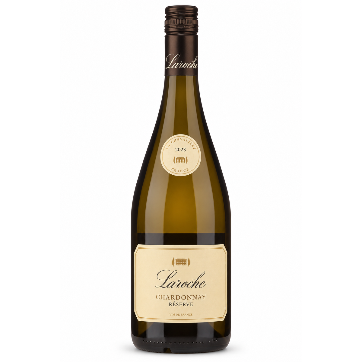 A bottle of La Roche Chardonnay Reserve white wine, featuring a dark green glass bottle with a cream-colored label and a gold seal, set against a plain white background.