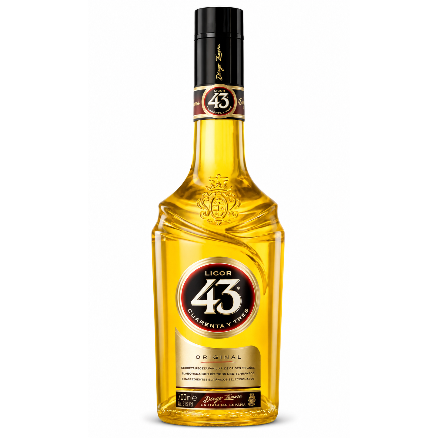 A bottle of Licor 43 Clarenta y Tires Original spirituous drink, featuring a clear glass bottle filled with golden yellow liquid, a black cap, and a red and gold label on a white background.