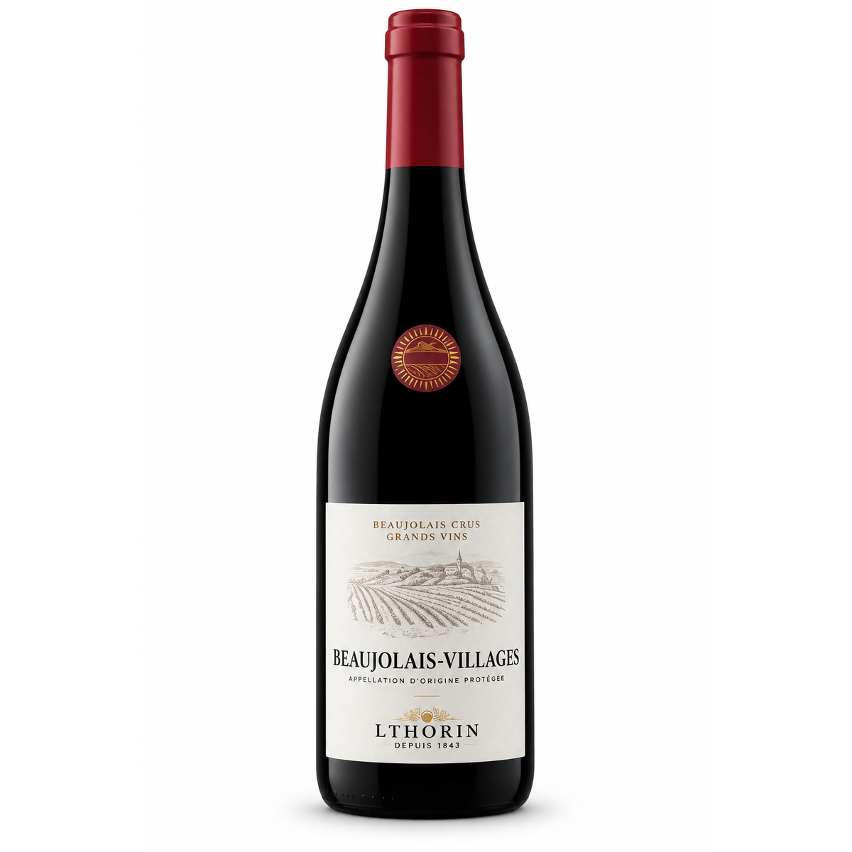A bottle of Lthorin Beaujolais-Villages red wine, featuring a dark glass bottle with a deep red foil capsule and a cream-colored label with black text and a wine vine illustration.