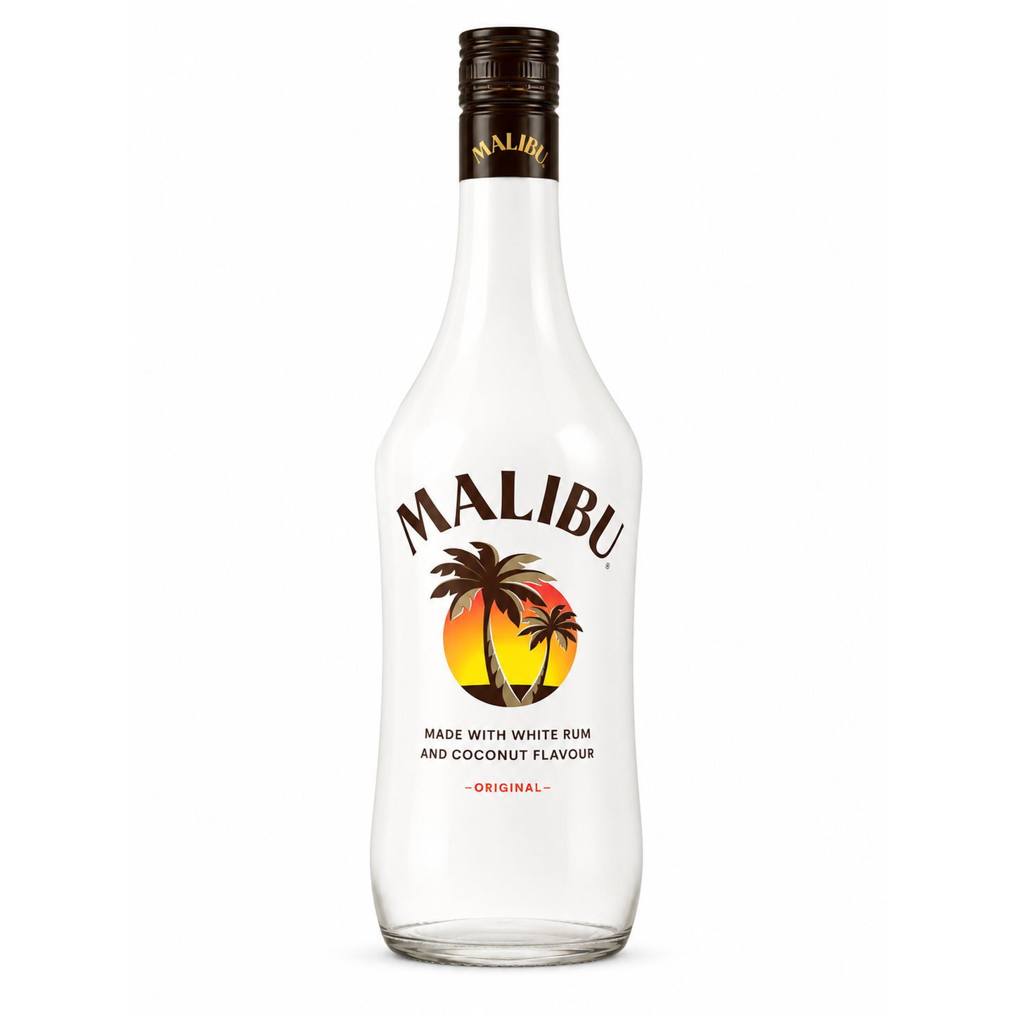 A bottle of Malibu rum on a plain white background, featuring the brand's signature tropical sunset and palm tree logo on the front.