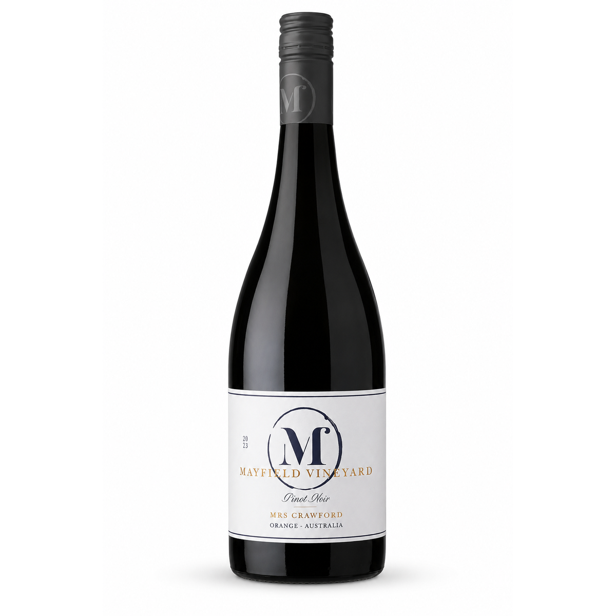 A bottle of Mayfield Vineyard Pinot Noir red wine, featuring a dark glass bottle with a white label and a black capsule seal, set against a plain white background.