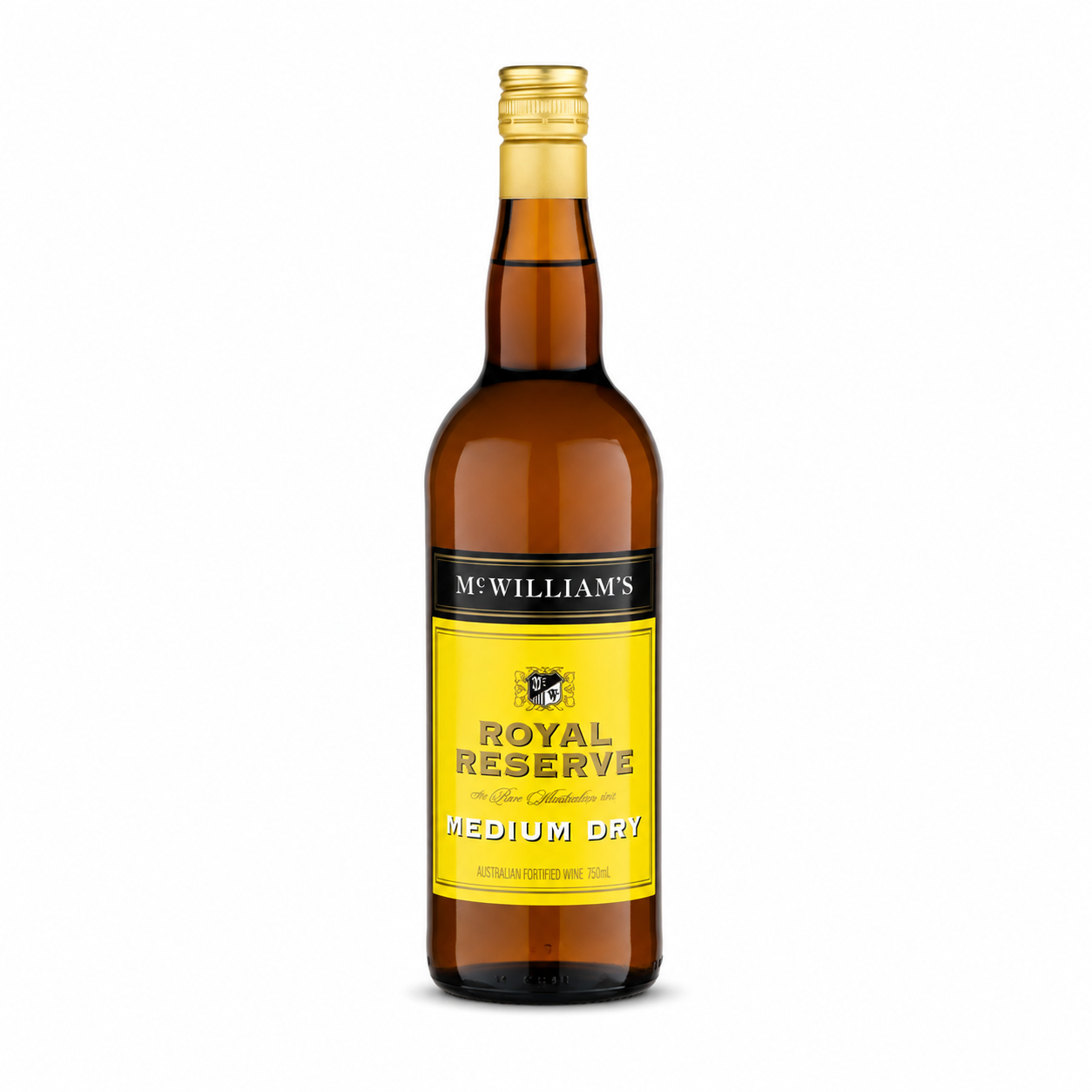 A bottle of McWilliams' Royal Reserve Medium Dry spirit, featuring an amber glass bottle with a bright yellow label and gold cap, set against a plain white background.