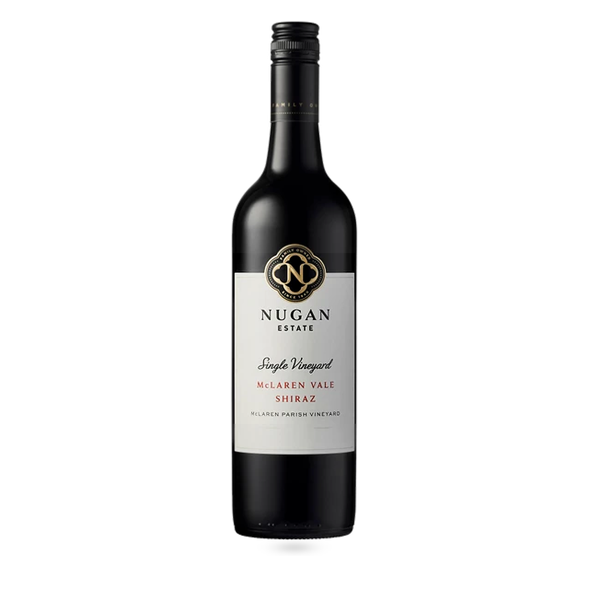 A bottle of Nugan Estate McLaren Vale Shiraz Single Vineyard red wine, featuring a dark glass bottle with a white label and gold logo, set against a plain white background.