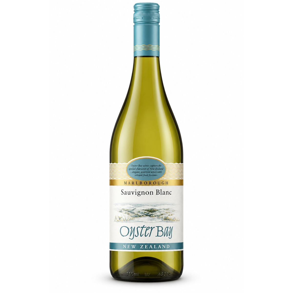A bottle of Marlborough Oyster Bay Sauvignon Blanc New Zealand white wine, featuring a pale green glass bottle, a light blue foil capsule, and a white label with blue and gold accents.
