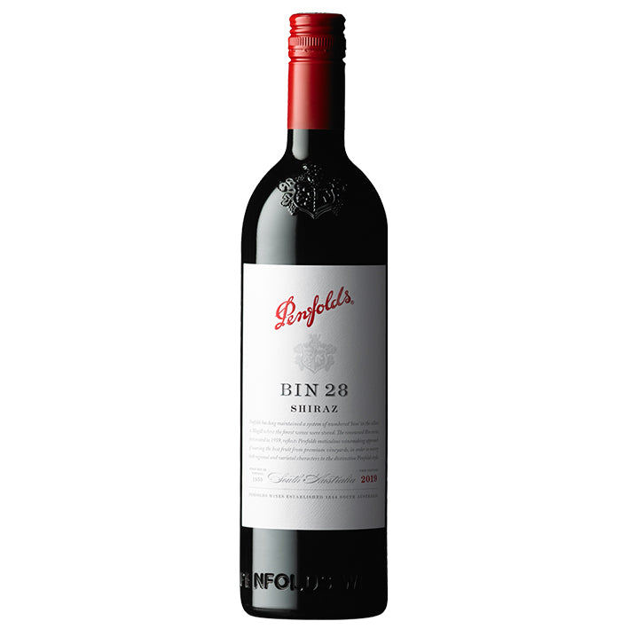 A bottle of Penfolds Bin 28 Shiraz wine with a label that includes the product name and the Penfolds logo.