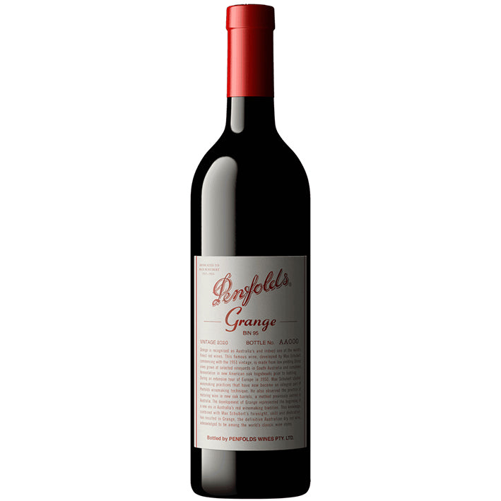 A bottle of Penfolds Grange 2020 wine with a label that includes the product name and vintage year.