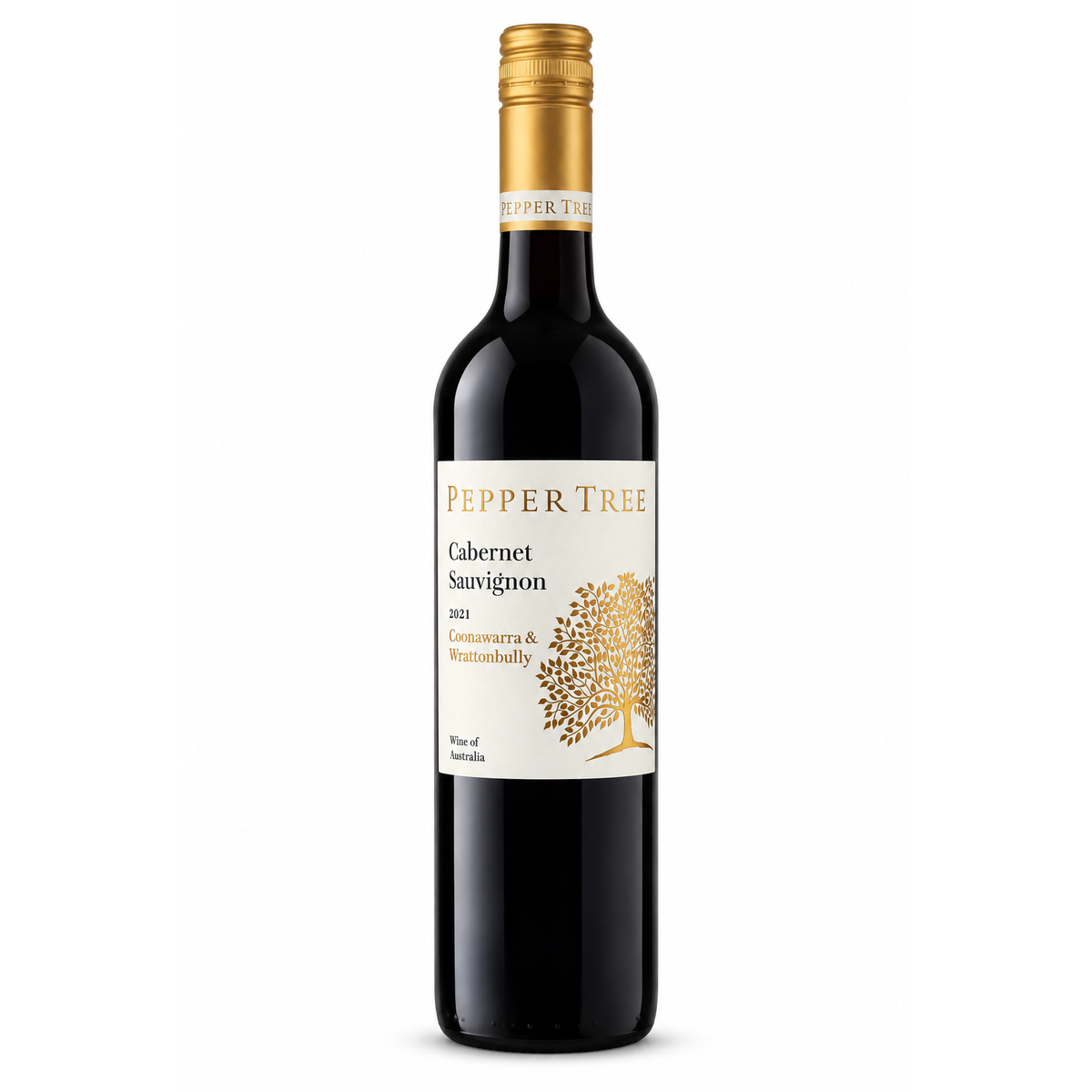 A bottle of Pepper Tree Cabernet Sauvignon 2021 from the Conmontra & Watsonbeltty Winery, featuring a dark glass bottle with a gold foil cap and a cream-colored label with a gold tree graphic.
