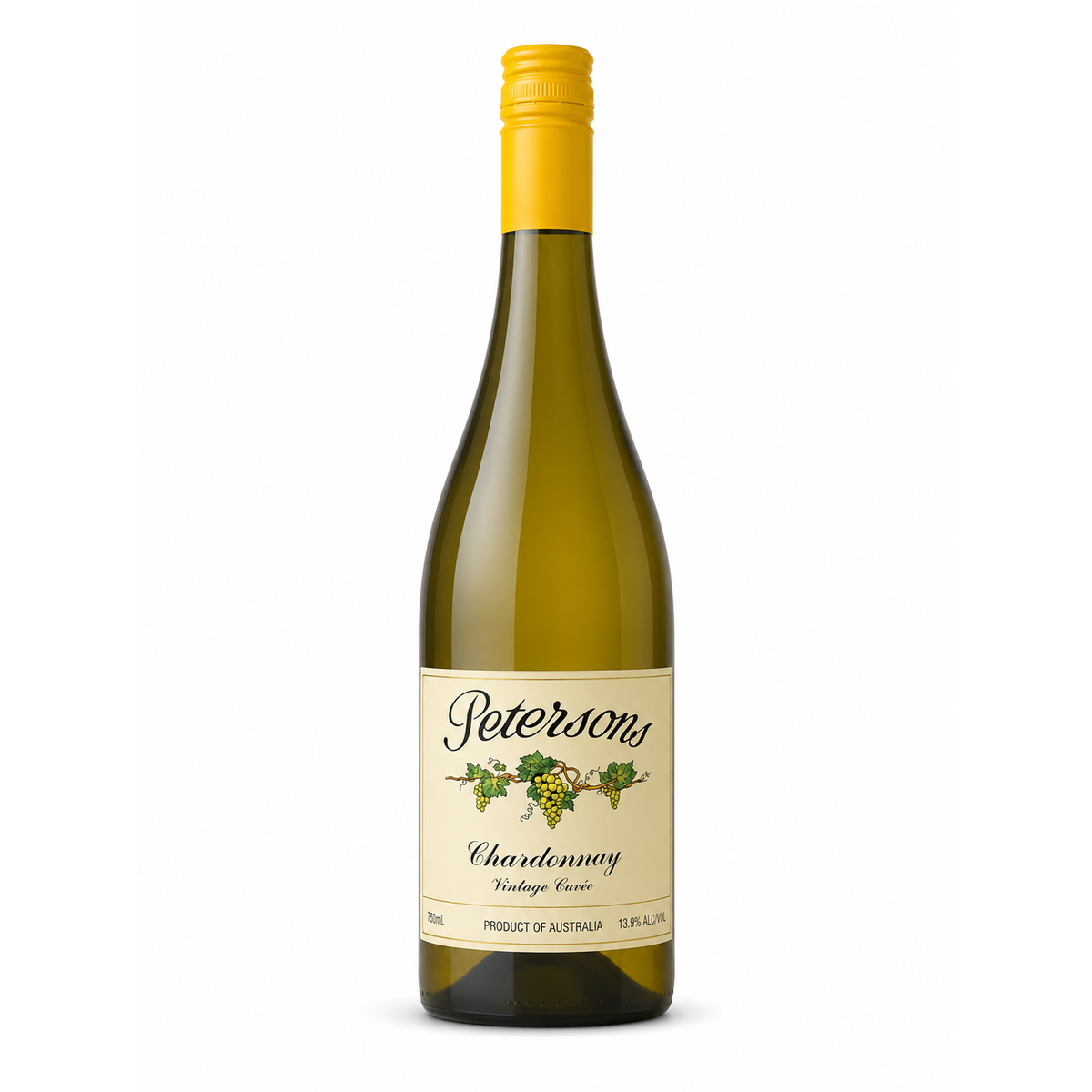 A bottle of Petersons Chardonnay Vintage Cuvée white wine, featuring a pale yellow-green glass bottle, a bright yellow screw cap, and a cream-colored label with black script and a small grape illustration.
