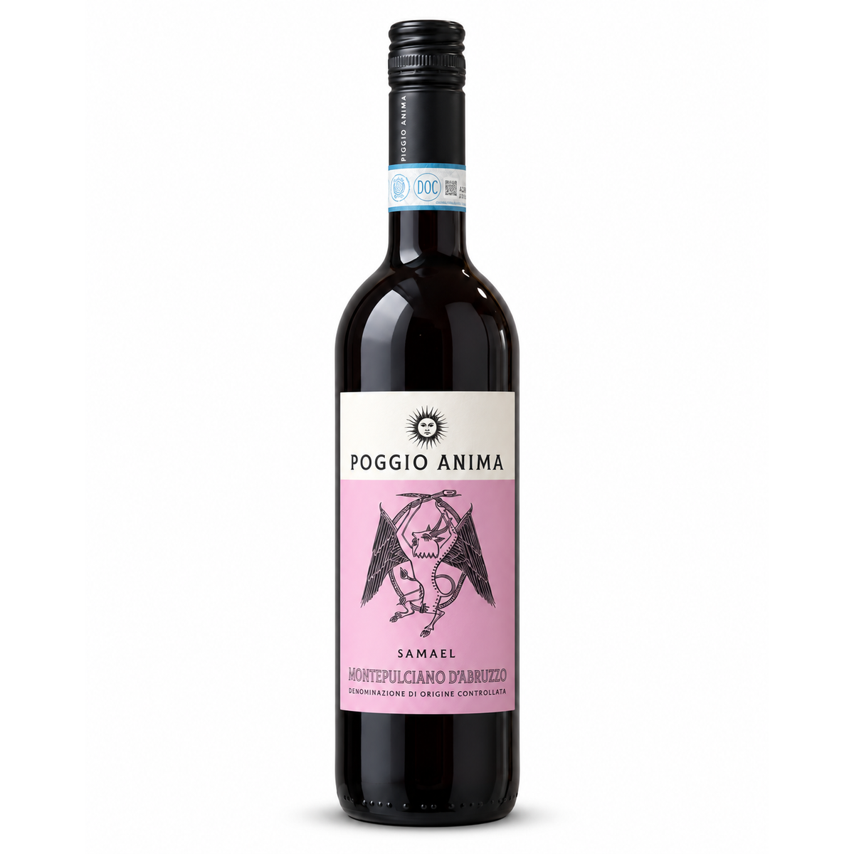A bottle of Poggio Anima Samael red wine with a black cap and a label featuring a pink background and black illustration, set against a plain white background.