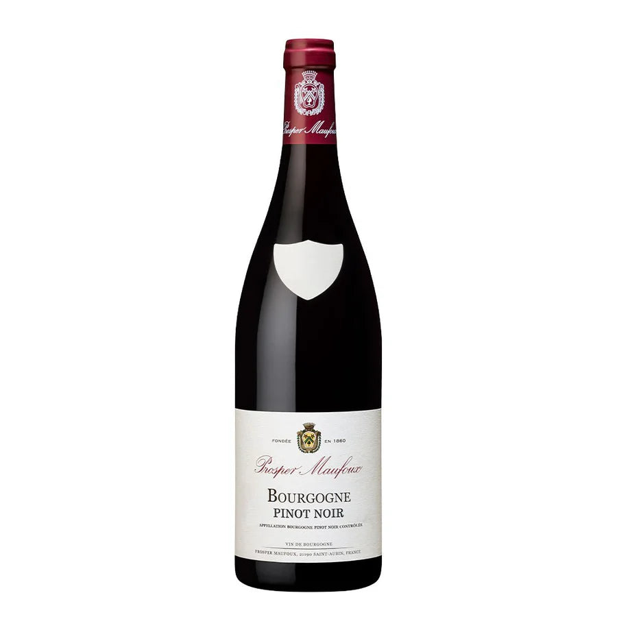 Bottle of Prosper Maufoux Bourgogne Pinot Noir wine with a red label on a white background
