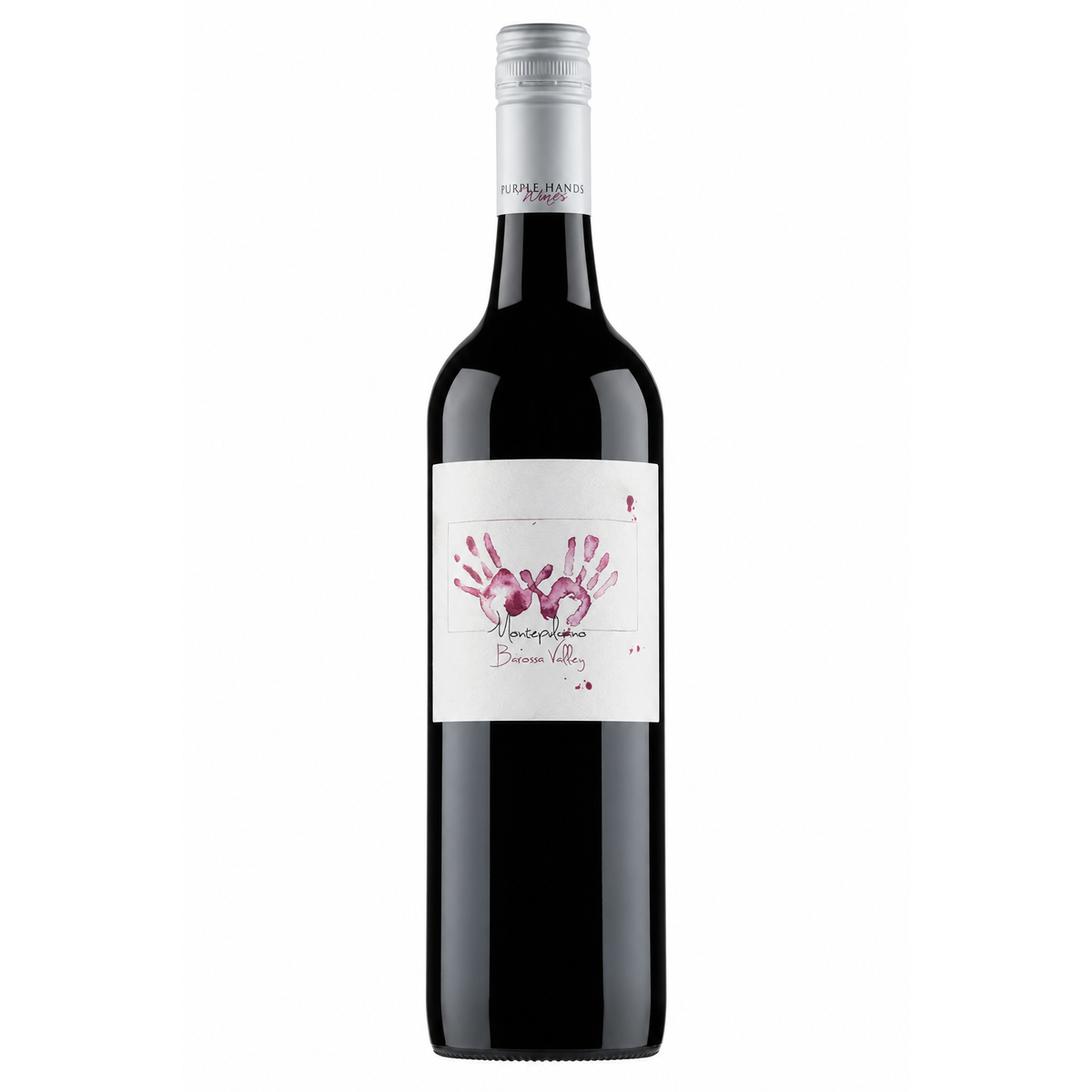A bottle of Montepulciano Red wine with a white label featuring a purple handprint illustration, set against a plain white background.