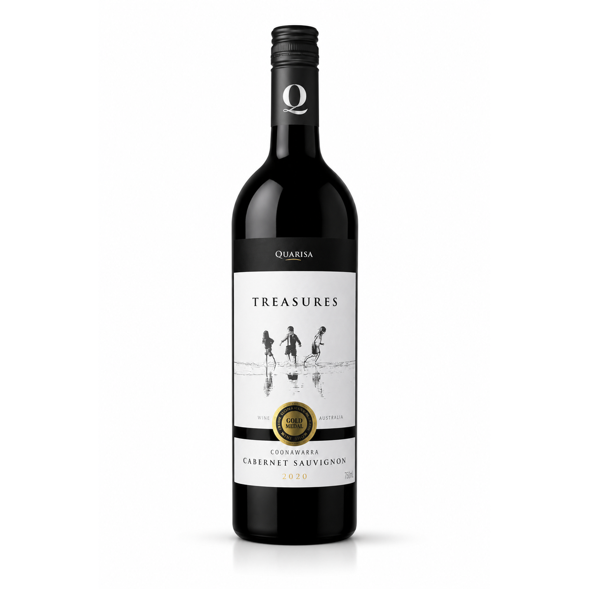A bottle of Quarisra Treasures Cabernet Sauvignon 2020 red wine, featuring a black glass bottle, black screw cap, and a white label with black text and illustration.