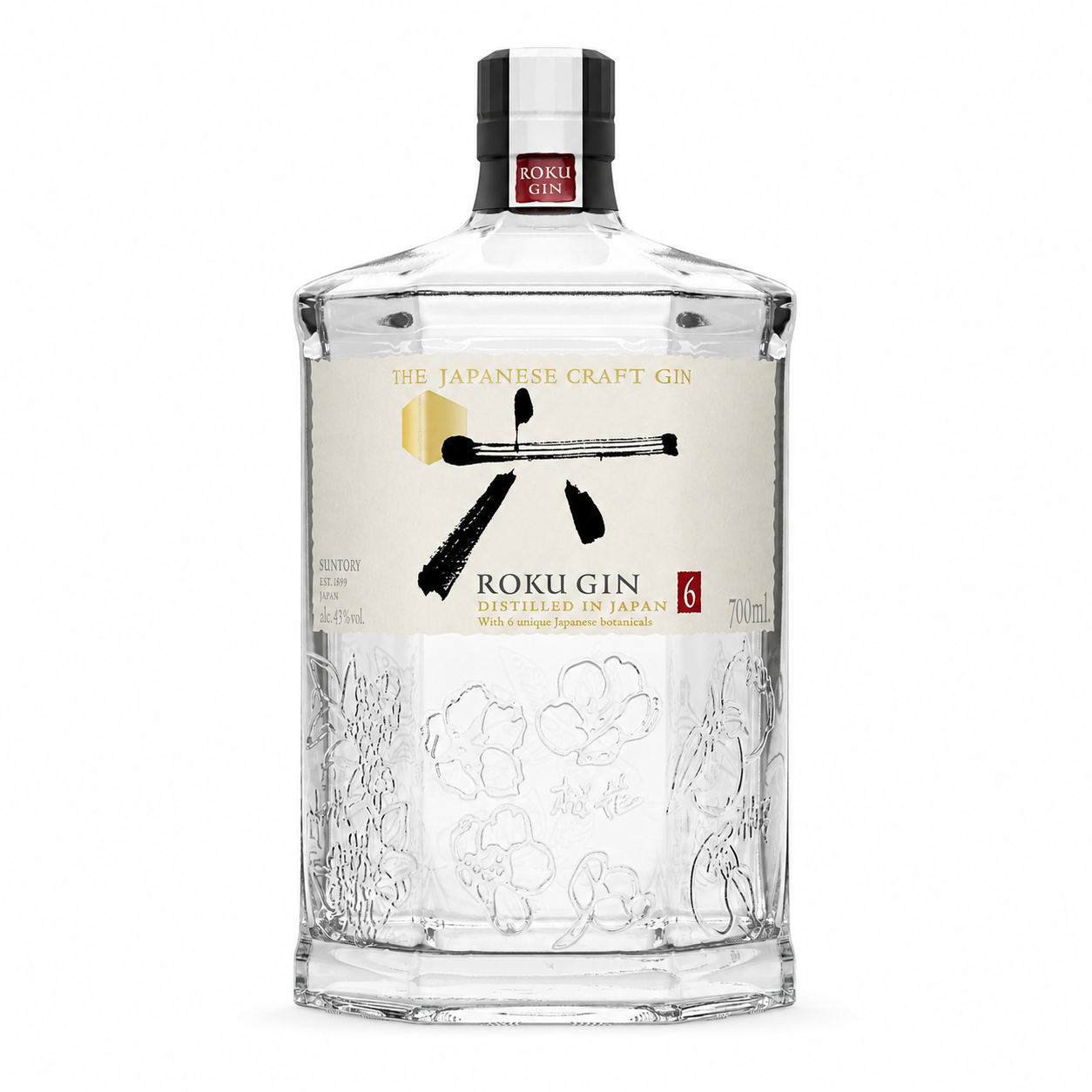 A 70cl bottle of Roku Gin Japanese Craft Gin, featuring a clear glass bottle with floral embossing, a cream-colored label with black and gold graphics, and a black cap with a red seal.